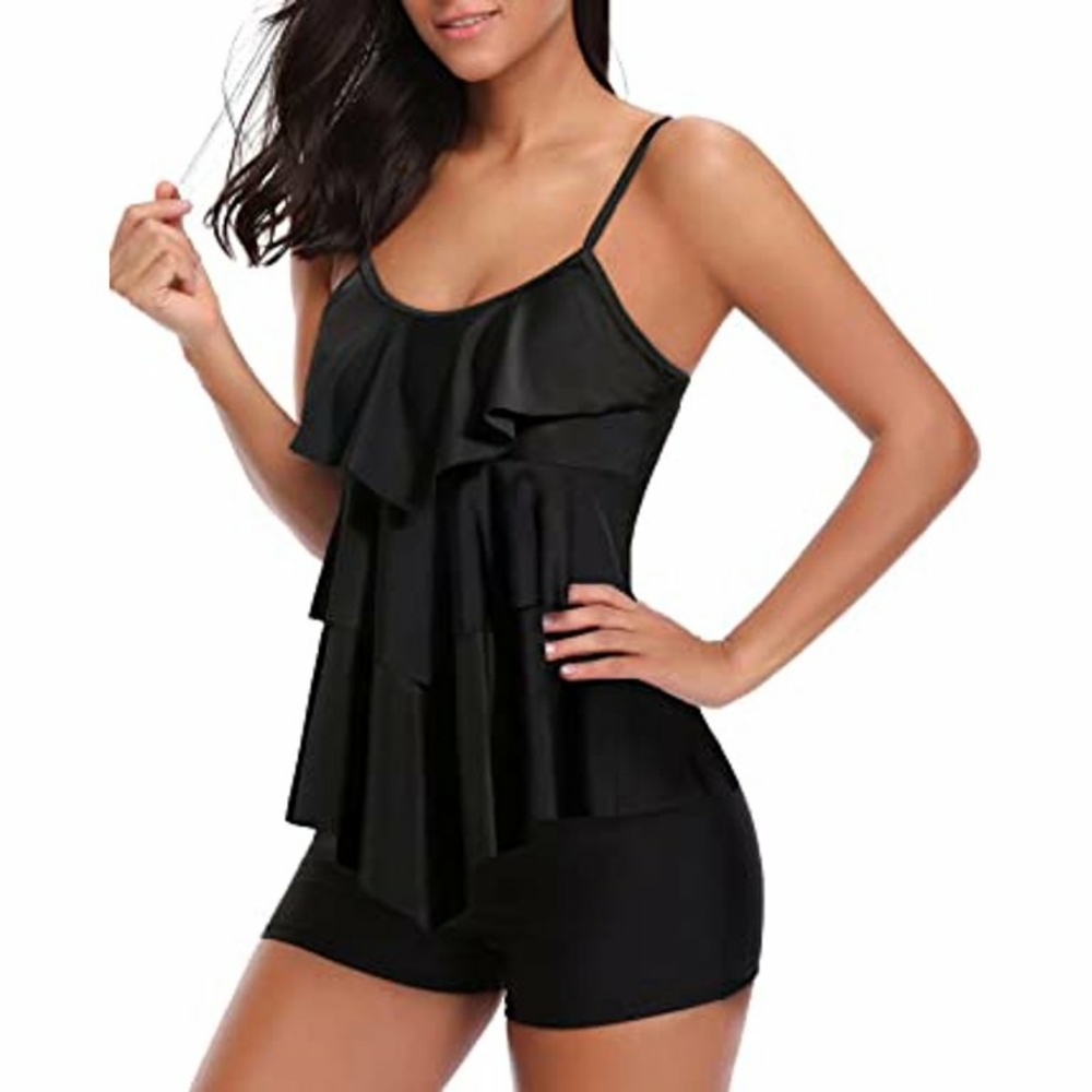 AQUA GREEN Black Tiered Ruffles Tankini Swim Top Padded Bra Spaghetti Straps